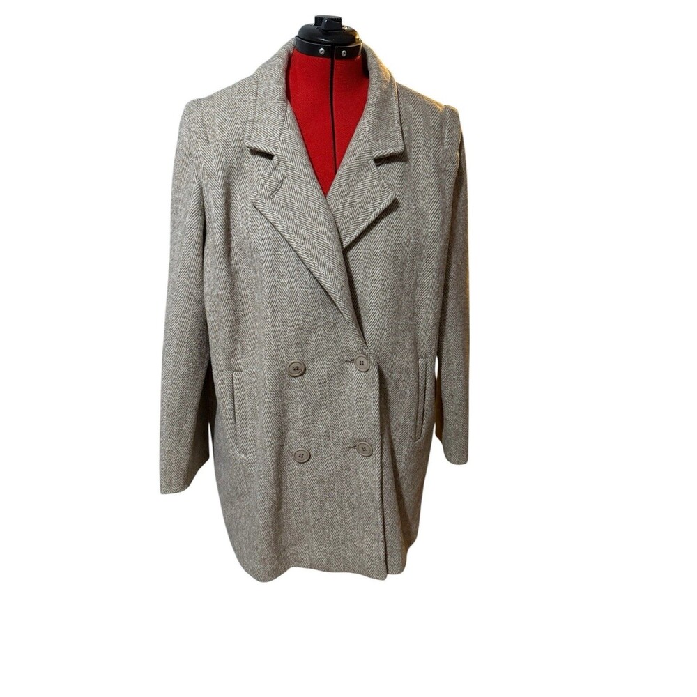 Vintage Herman Kay Wool Herringbone Double Breasted Coat XL Made USA